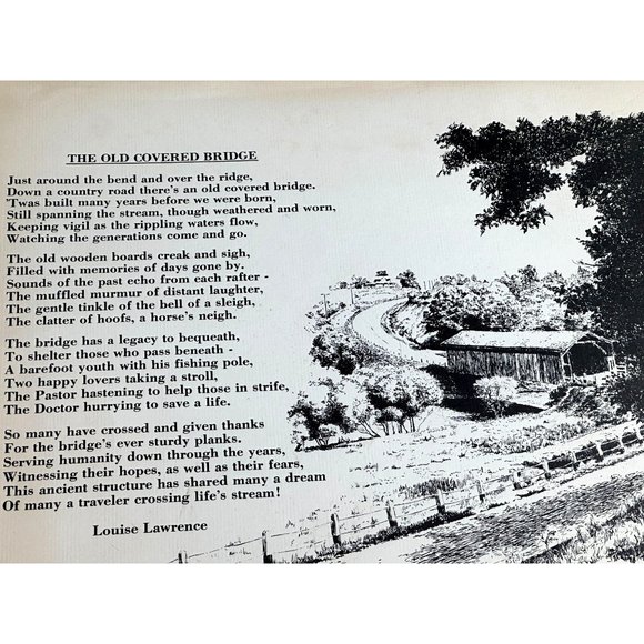Louise Lawrence Poem The Old Covered Bridge Sketch Drawing Unframed Vintage - Picture 1 of 6